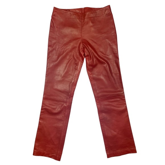 Vintage 80s Michael Hoban Red Leather Straight Pull-On Pants Size 4 High Rise - Picture 1 of 12